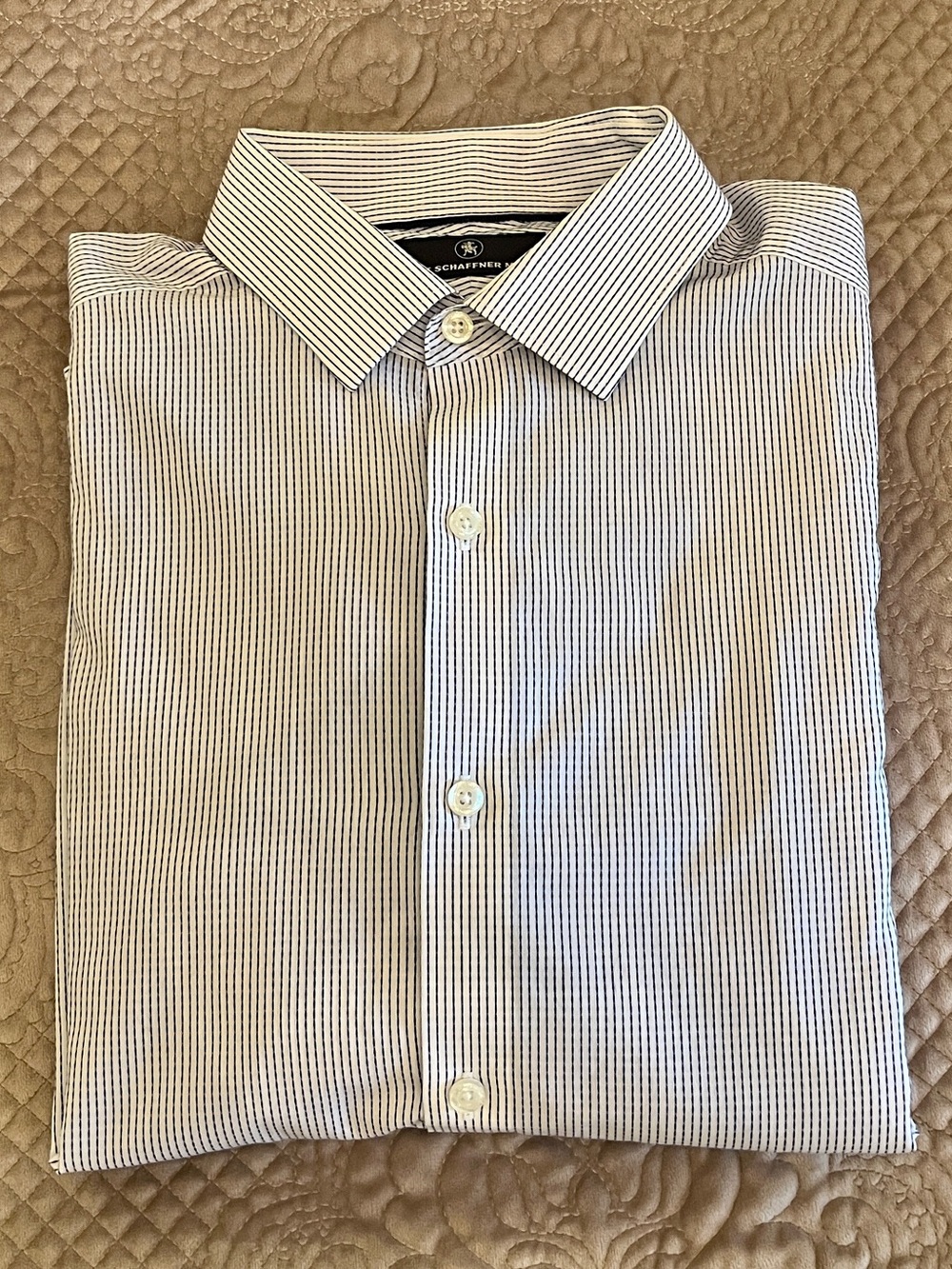 Hart Schaffner Marx Light Blue Shirt with Navy Pinstripes in Stitch Pattern